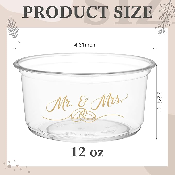 SiliFine 100 Pcs Mr and Mrs Wedding Cups 12 oz Disposable Ice Cream Cups Wedding Reception Bowls for Bridal Shower Engagement Anniversary Party Favors Supplies Decoration