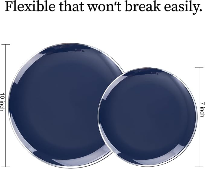 KIRE 200PCS Blue Plastic Plates with Silver Rim - Navy Blue Plastic Plates Include 100 Dinner & Dessert Plate - Heavy Duty Dark Blue Disposable Plate for Wedding/Parties/4th of July