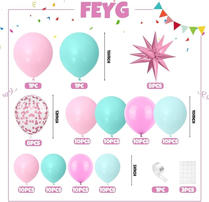 Pink and Teal Blue Balloon Arch Garland Kit, Pastel Pink Teal Blue Turquoise Latex Party Balloons with Star Confetti Balloon for Birthday Wedding Baby Shower Anniversary Party Supplies