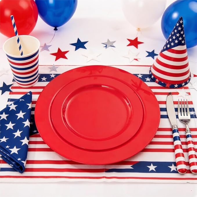 FLOWERCAT 60PCS Red Plastic Plates - Heavy Duty Red Plates Disposable for Party - Include 30PCS 10.25inch and 30PCS 7.5inch for 30 guests Birthday Party & Events &4th of July