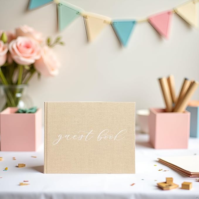 Pearhead Linen Wedding Guest Book with White Script, Elegant Bridal Shower & Wedding Keepsake, Includes Pen, 100 Blank Pages, 7 x 9, Beige