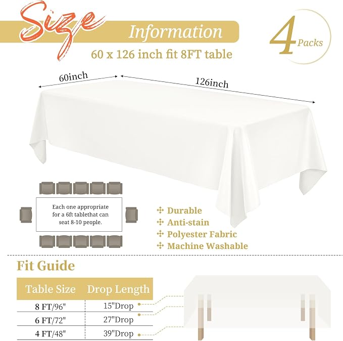 Showgeous 4 Pack Ivory Tablecloths for 8 Foot Rectangle Tables 60 x 126 Inch, 8ft Rectangular Washable Polyester Table Cover for Wedding Party Banquet