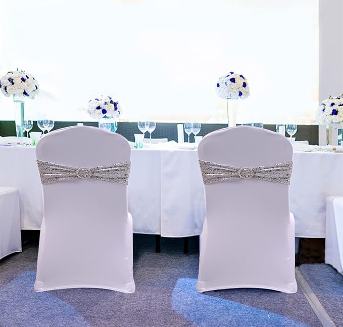 Sequin Silver Chair Sashes 100 Pack - Glitter Chair Bows Bands with Buckle for Wedding Birthday Party Bridal Shower Anniversary Engagement Christmas Events Decorations