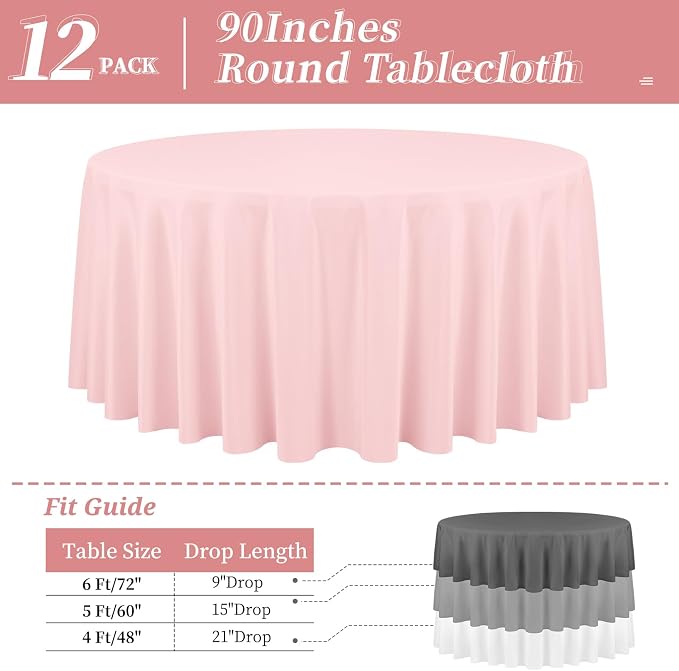 12 Pack Round Tablecloth 90 Inch - Pink Polyester Tablecloth for Round Table, Premium Pink Tableclothes Washable Fabric Table Cover for Wedding Party Banquet Restaurant Reception Dining