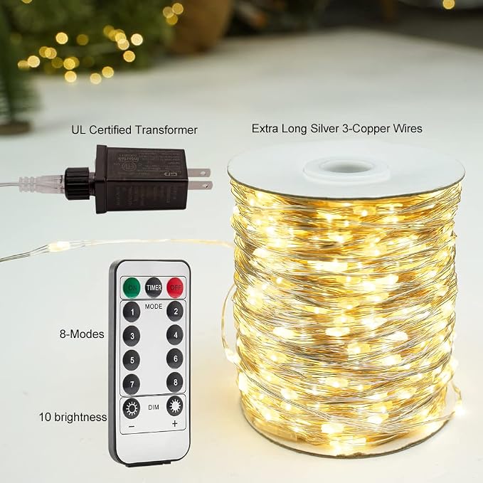 1000 LED Plug in Fairy Lights 328FT Long Bright Warm White String Lights with Remote for Christmas Tree, Patio, Garden, Porch, Backyard, Wedding Party