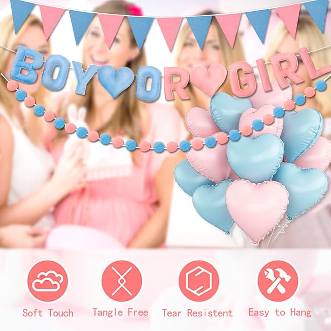 Gender Reveal Banner Set with Pre-Strung 3D Boy or Girl Felt Banner, Pom Pom Garland, Triangle Fabric Bunting, 12 PCS Pink Blue Heart Shaped Balloons, Baby Shower Decorations for Girls Boys Twins