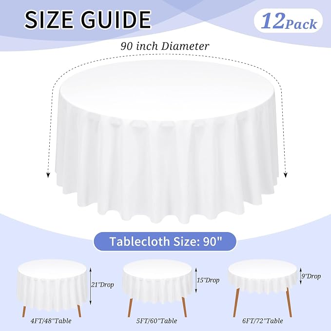 12 Pack White Tablecloth 90 Inch Round Table Cover | Wrinkle Resistant, Machine Washable Reusable, Wedding, Banquet, Restaurant, Party, Baby Shower,Indoor Outdoor Events