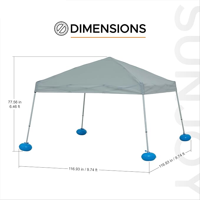 SUNJOY 10x10 FT Floating Pool Canopy Pop Up Gazebo, Grey Water Tent with Steel & Aluminum Frame, PVC Floats, Hand Pump & Carry Bag for Lake, Beach, Pool