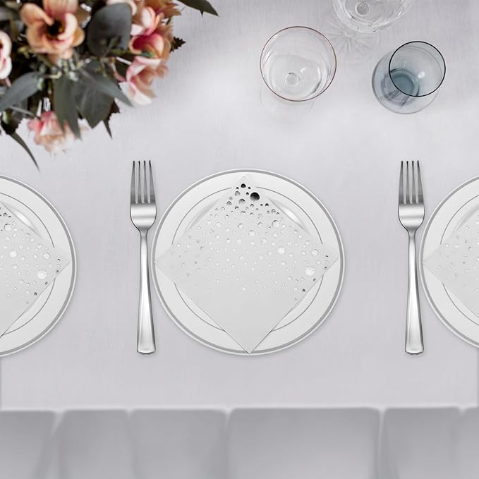Stylish 7.5 Inch White and Silver Plastic Plates, Disposable Forks and Cocktail Napkins (100 Set), Silver Dessert Plates, Small Appetizer Plates, Disposable Cake Plates for Wedding Reception