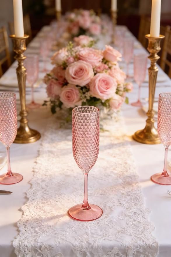 Pesonlook 24 Pack Plastic Champagne Glasses Pink Reusable Diamond Crystal Clear Wine Glasses Diamond Wine Cups Vintage Drinking Glasses for Wedding Reception, Grand Event Party Supplies