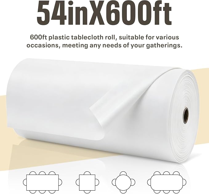 54IN X 600FT Plastic Table Cover Roll, Plastic Table Cloths for Parties, Birthday, Weddings, Banquet,Disposable Tablecloth Roll for All Shape Tables,Party Supplies(White, 54 Inch X 600 Feet)