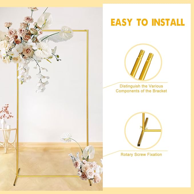 Gold Wedding Arch Backdrop Stand, 6.6FT*3.3FT Square Balloon and Flower Metal Frame for Ceremony, Anniversary, Party, Baby Shower Photo Booth Decoration.
