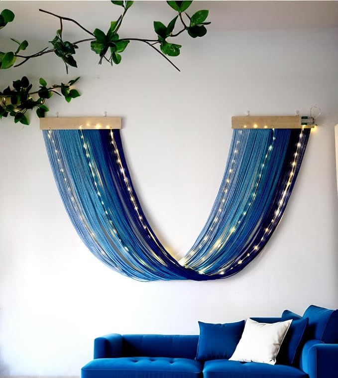Macrame Fairy Lights Battery Operated with Remote & Timer, Blue Gradient | Handwoven Wall Hanging with 20ft 100 LEDs Warm White Timer String Lights for Bedroom,Living Room,Party,Wedding,Christmas Deco