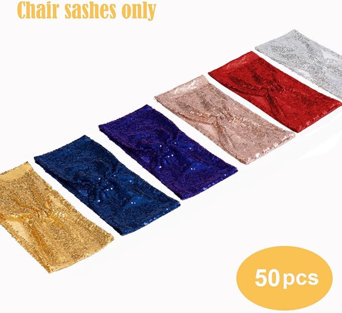 Eternal Beauty Pack of 50 Purple Chair Sashes Band Bows Sequin Chair Sashes for Wedding Cover Decorations