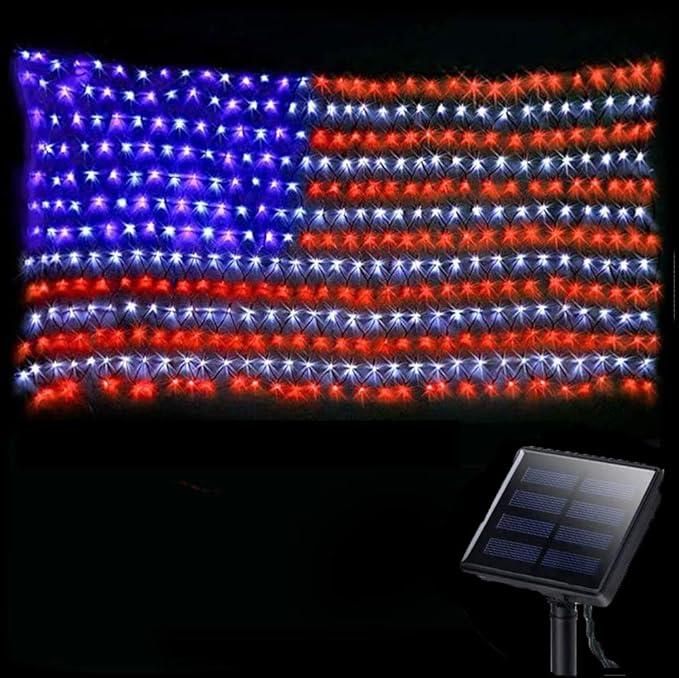 Solar American Flag Lights Outdoor420 LEDs US Flag Net Lights 6.5 x 3.28 Ft | Solar Flag Lights with Remote Dimmable Timer 8 Lights Modes for Independence/National/Memorial Day July 4th