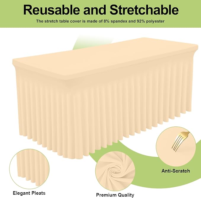 Smiry Spandex Tablecloth 2 Pack, Elastic Fitted Stretch Tablecloth for 4FT Rectangle Tables, Waterproof Washable Table Cover Skirt for Outdoor, Wedding, Banquet & Parties (Ivory, 48Lx30Wx30H Inch)