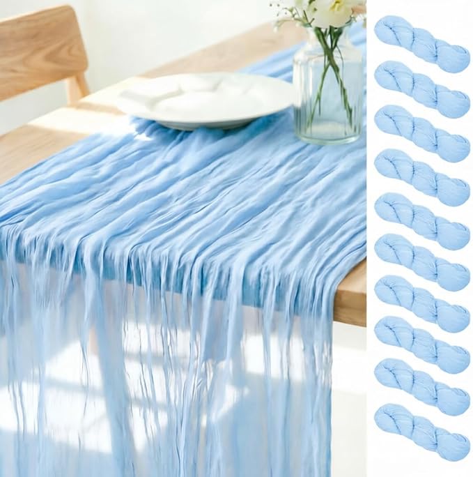 LINXTAR Light Blue Cheesecloth Table Runner 10 Pack 120 Inches 10Ft Gauze Summer Boho Table Runner for Wedding Tea Party Baby Shower Bridal Birthday Home Decoration
