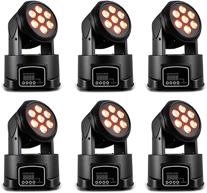 MINGJIE Moving Head DJ Lights, 12 Colors 7x10W LED Wash Stage Spotlight with DMX & Sound Active, 540° Pan 180° Tilt, Disco Party Lighting for Weddings Clubs Concerts Events Bars (6 Pack)