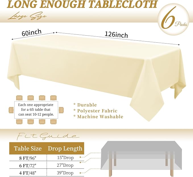 6 Pack Tablecloth 60 x126 inch Polyester Table Cloth for 8 Foot Rectangle Tables,Stain and Wrinkle Resistant Washable Fabric Table Covers Polyester Beige Table Clothes for Wedding,Party,Banquet