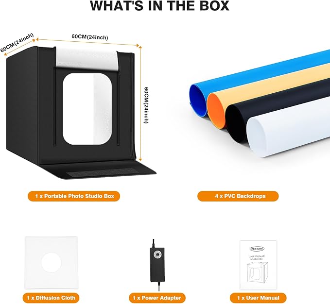 Light Box Photography 24"x24" with 120LED Lights and 4 Color Backdrops Photo Box with Lights, Foldable Light Box with Adjustable Brightness, 6000-6500K Dimmable Portable Picture Box Shooting