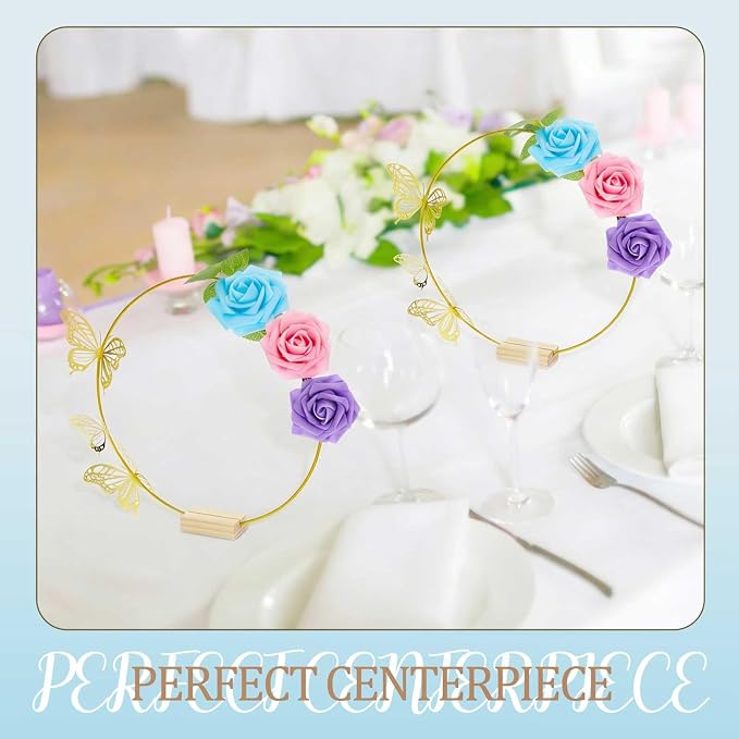 Vercraft 12 Set Butterfly Metal Floral Hoop Table Centerpieces, Metal Ring with 3D Butterfly Decor, PE Foam Flower, Adhesive Dot, Gold Wires for DIY Wedding Party(Blue, Purple, Pink,Round)