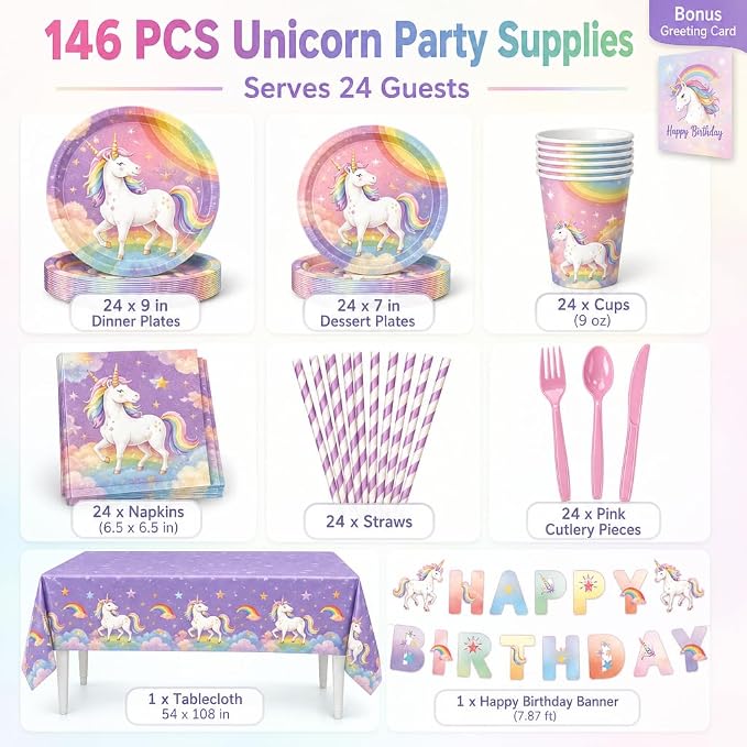 Unicorn Birthday Party Supplies, 146 PCS Rainbow Party Decorations Tableware Kit Serves 24 Guests with Plates, Cups, Napkins, Banner, Cutlery, Tablecloth & Straws for Kids Girls Boys