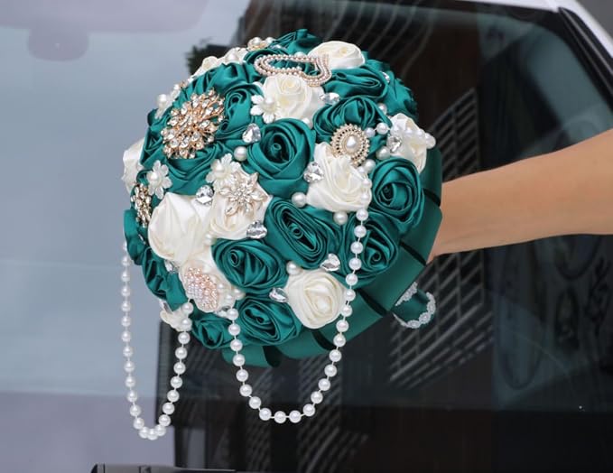 Emerald Green and Ivory Bridal Wedding Bouquet with Rhinestone Brooch Pearl String Cascade Bouquet for Bride Bridesmaid Quinceanera Rose Flower Bouquet Wedding Emerald Green and Ivory 8.7in