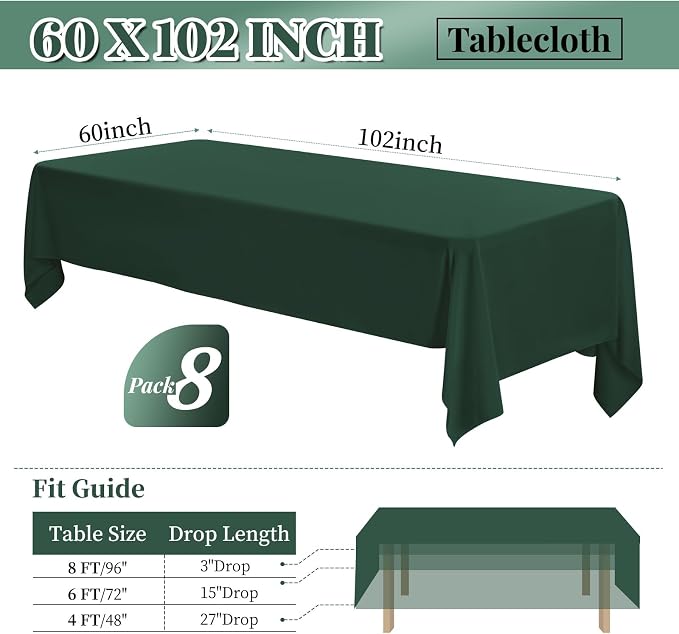 8 Pack Polyester Tablecloth 60 x 102 Inch Hunter Green Tablecloth for 6 Ft Rectangle Tables,Stain and Wrinkle Resistant Washable Fabric Table Covers Polyester Table Clothes for Wedding Parties Banque