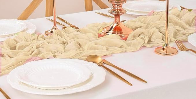 MDS Pack of 2 Cheesecloth Table Runner 35x120 Inch, 10FT Long Gauze Cheese Cloth Table Runner for Wedding Party Birthday Bridal Shower Farmhouse Garden Boho Rustic Table Decoration - Champagne