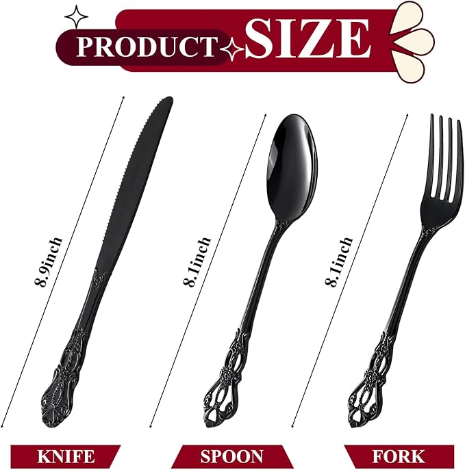 150PCS Black Plastic Silverware - Heavy Duty Disposable Cutlery Sets - Fancy Plastic Utensils Flatware Include 50 Forks, 50 Spoons, 50 Knives for Catering Dinners Wedding Party