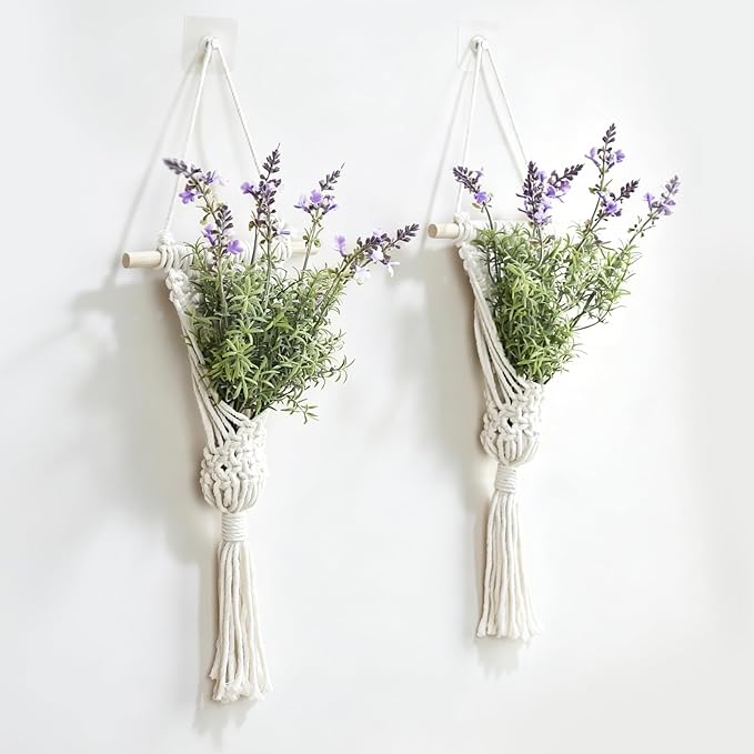 Macrame Wall Hanging Plant with Artificial Lavender, Boho Indoor Wall Decor, 2 Pack