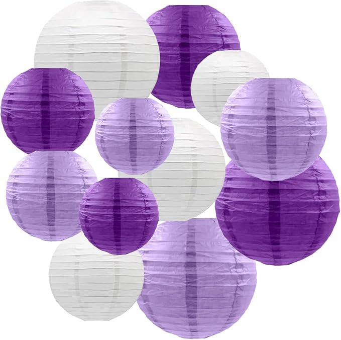 CC wonderland zone 12pcs Purple Hanging Paper Lanterns,Lilac Round Paper Lanterns for Birthday,Baby Shower,Wedding,Party,Home Ceiling Decoration（4" 6" 8" 10" ）