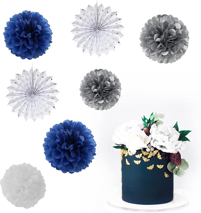 Navy-Blue White Silver Party Decorations - 14pcs Kits Paper Lanterns Fan,Tissue Flower Pom Poms Streamers,Honeycomb Balls,Graduation 2026 Men Birthday Wedding Baby Bridal Shower Decor Lasting Surprise