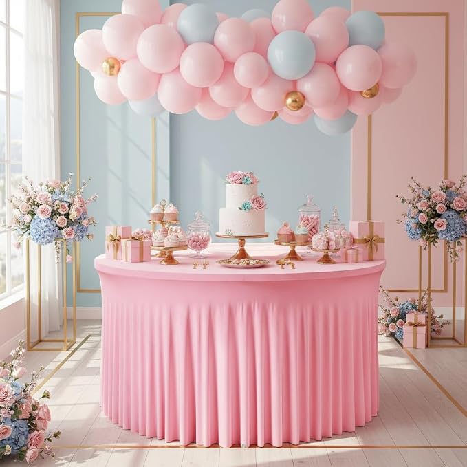 60 Inch Pink Round Tablecloth - Stretch Spandex Fitted Table Cover with Elastic Skirt Edge, Wrinkle-Free & Reusable for 5FT Tables Wedding Banquet Party Birthday Buffet