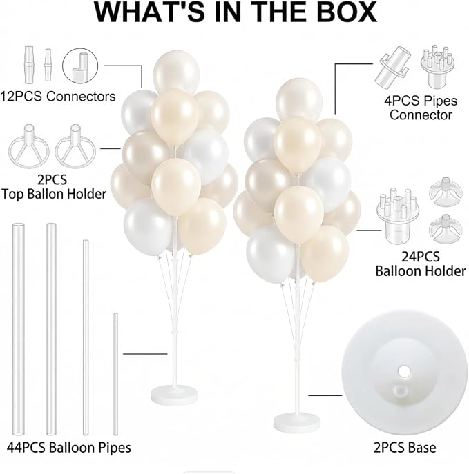 Balloon Column Stand Kit,2 Sets of Assorted Rainbow Balloon Tower Pillar with 10inch Bright Color baloon Reusable Design for Grirls Party,Birthday, Wedding,Baby Shower (Pearl Ivory White)