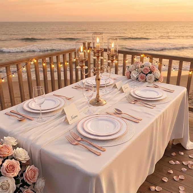 GATHER 350PCS Rose Gold Plastic Plates - Disposable Rose Gold Dinnerware Sets Includes 100 Gold Rimmed Plastic Plates, 150 Silverware, 50 Napkins, 50 Cups for Party, Wedding, Mother's Day