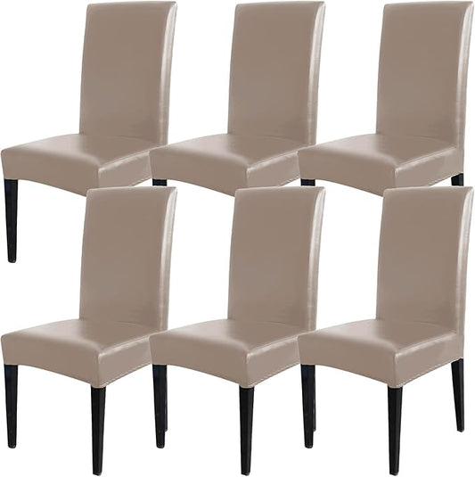 Qubjus Dining Chair Covers, Solid Pu Leather Waterproof Oilproof Stretch Dining Chair Protector Cover Slipcover (Khaki, 6 Pack)