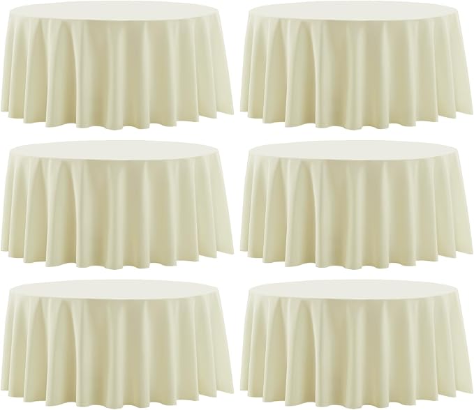 Round Tablecloth 6 Pack 108 Inch Ivory Polyester Washable Decorative Table Cover for Dining Table Banquets Buffet Parties and Wedding