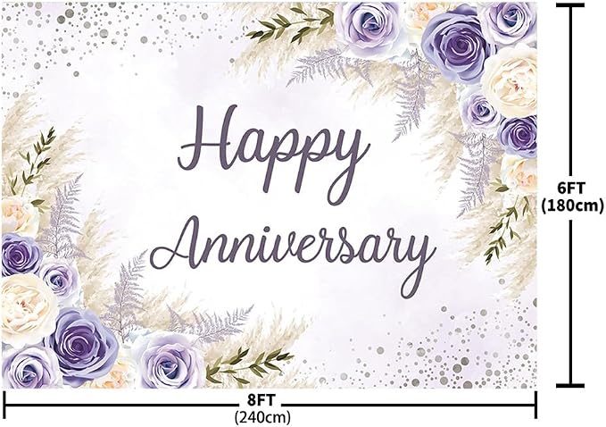 MEHOFOND Boho Happy Anniversary Backdrop Purple Floral Bohemia Pampas Grass Anniversary Banner Cheers to Marriage Wedding Party Decorations Memorial Portrait Photo Booth Background 8x6ft