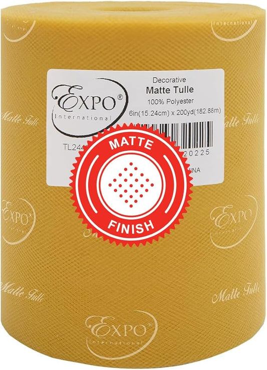 Expo International Decorative Matte Tulle, Roll/Spool of 6” X 200 Yards, Lightweight Polyester Tulle Fabric for Tutus, Costumes, and Party Decorations, Washable, Easy-to-Use, Light Gold