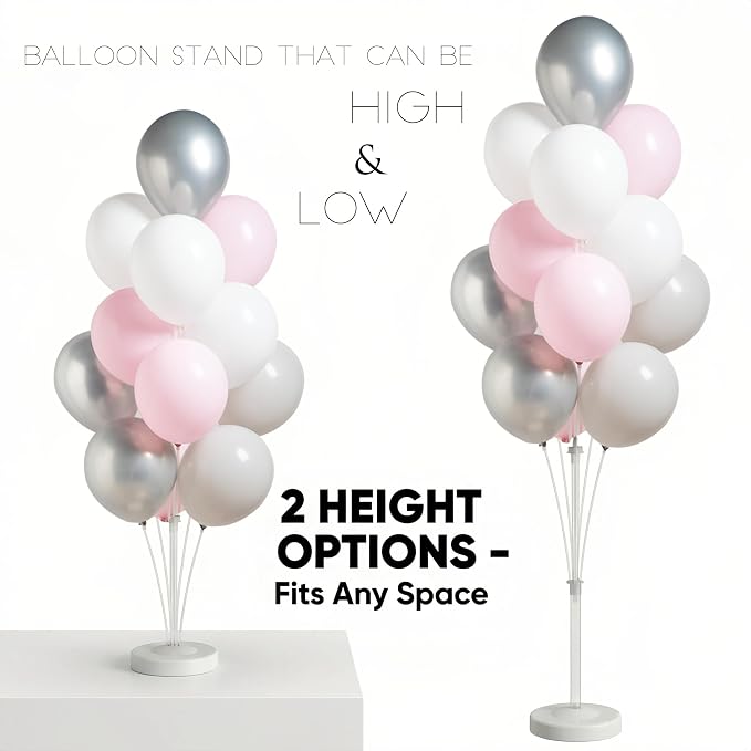 2 Set Balloon Stand Kit with Metallic Silver Pearl Light Balloons Column Kit for Floor&Table Backdrop Decor for Theme,Gender Reveal Party Weddind,Bridal Shower Birthday Graduation