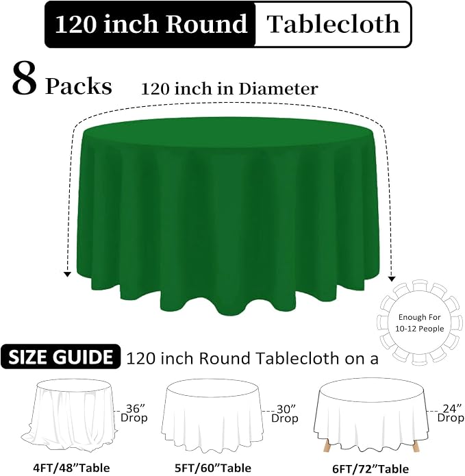 8 Pack Green Round Tablecloth 120 Inch Wrinkle Resistant Round Green Table Cloth Reusable and Washable Polyester Fabric Table Covers for St. Patrick's Day Buffet Wedding Party and Banquet