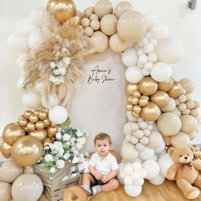 White Sand Gold Balloon Arch - Double Stuffed Matte Cream Nude Beige White Pastel Neutral Balloon Garland Kit for Boho Baby Shower Birthday Gender Reveal Bridal Wedding Valentines Easter Party