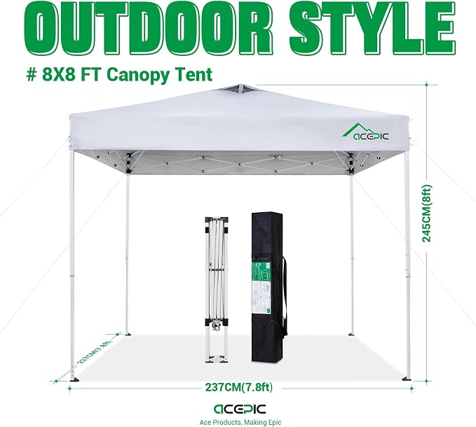Acepic 8x8 Pop Up Canopy Tent,300D Silver-Coating Top,Pop Up Canopy Tent Instant Portable Shelter with Carry Bag, 8 Stakes
