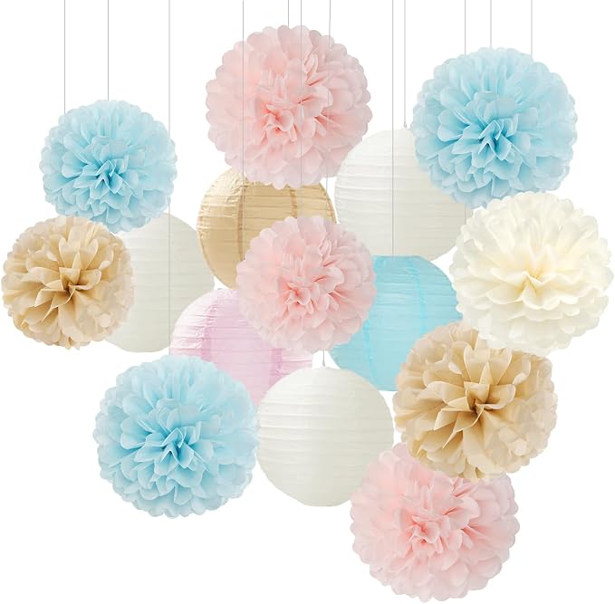 Light-Blue Pink Champagne Gender-Reveal Party-Decorations - 15pcs Boy Or Girl Paper Flowers Tissue Pom Poms Lanterns Streamers,Birthday Bear Baby Shower Neutral Hanging Supplies Decor Hugfond