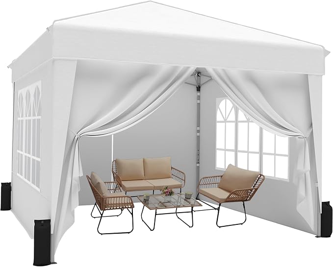 SANWAY 10x10 Pop Up Canopy with Sidewalls x 4 – Easy Setup Canopy Tent, Waterproof, UV-Resistant, Portable with Carry Bag for Outdoor Events, Camping, and Backyard Parties – White