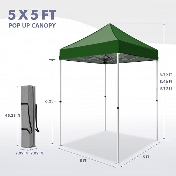 5x5 Pop Up Canopy Tent, Instant Portable Beach Canopy, Outdoor Tent with Carry Bag for Camping, Sports, Tailgating, Events, Green