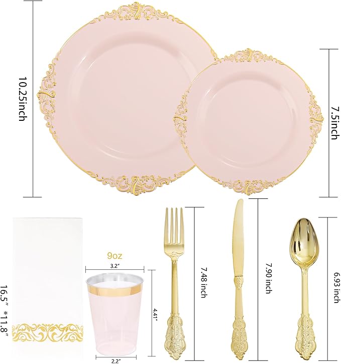 Morejoy 175pcs Pink Plastic Plates - Pink and Gold Disposable Plates sets, Include 25 Dinner Plates,25 Dessert Plates,25 Cutlery Sets,25 Napkins Perfect for Wedding & Party & Holiday & Mother's Day