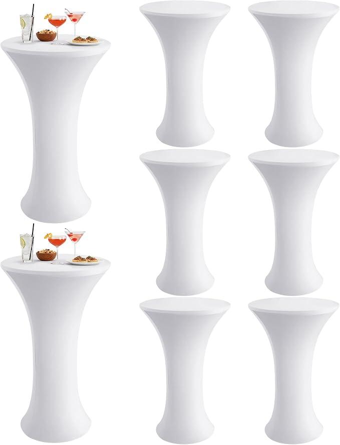 KeyWave Cocktail High Top Table Covers - 24x43 Inch Fitted Spandex Round Cocktail Tablecloth for Bar Height Standing Table Cloths Reusable, for Party Bistro Wedding Event Decorations, White, 8 Pack