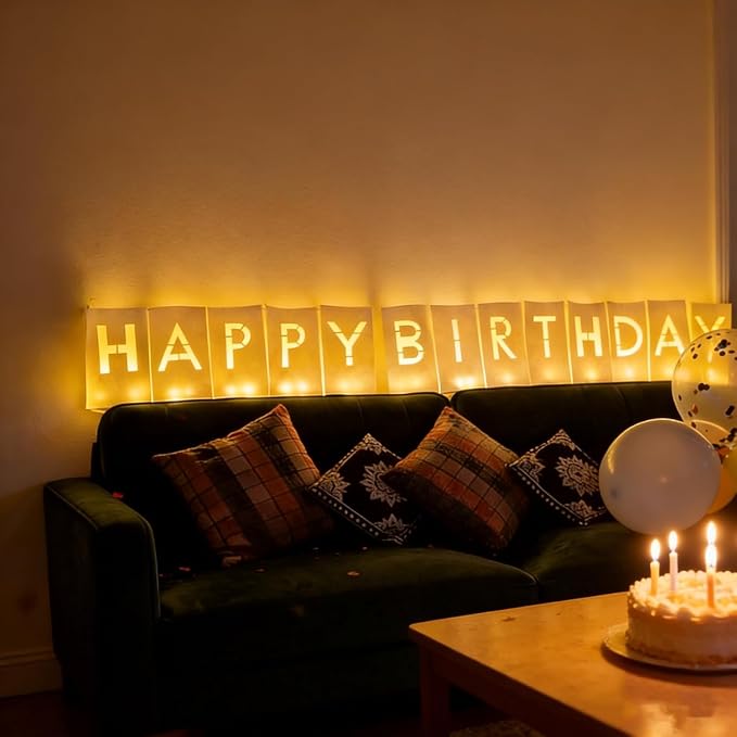 Happy Birthday Decorations for Women Men Girls Light Up Sign Luminary Bags Letters with 2000PC Rose Petals and Candles kit, Birthday Banner for Room Party Hotel Outdoor Decorations, Surprise Gifts Banner